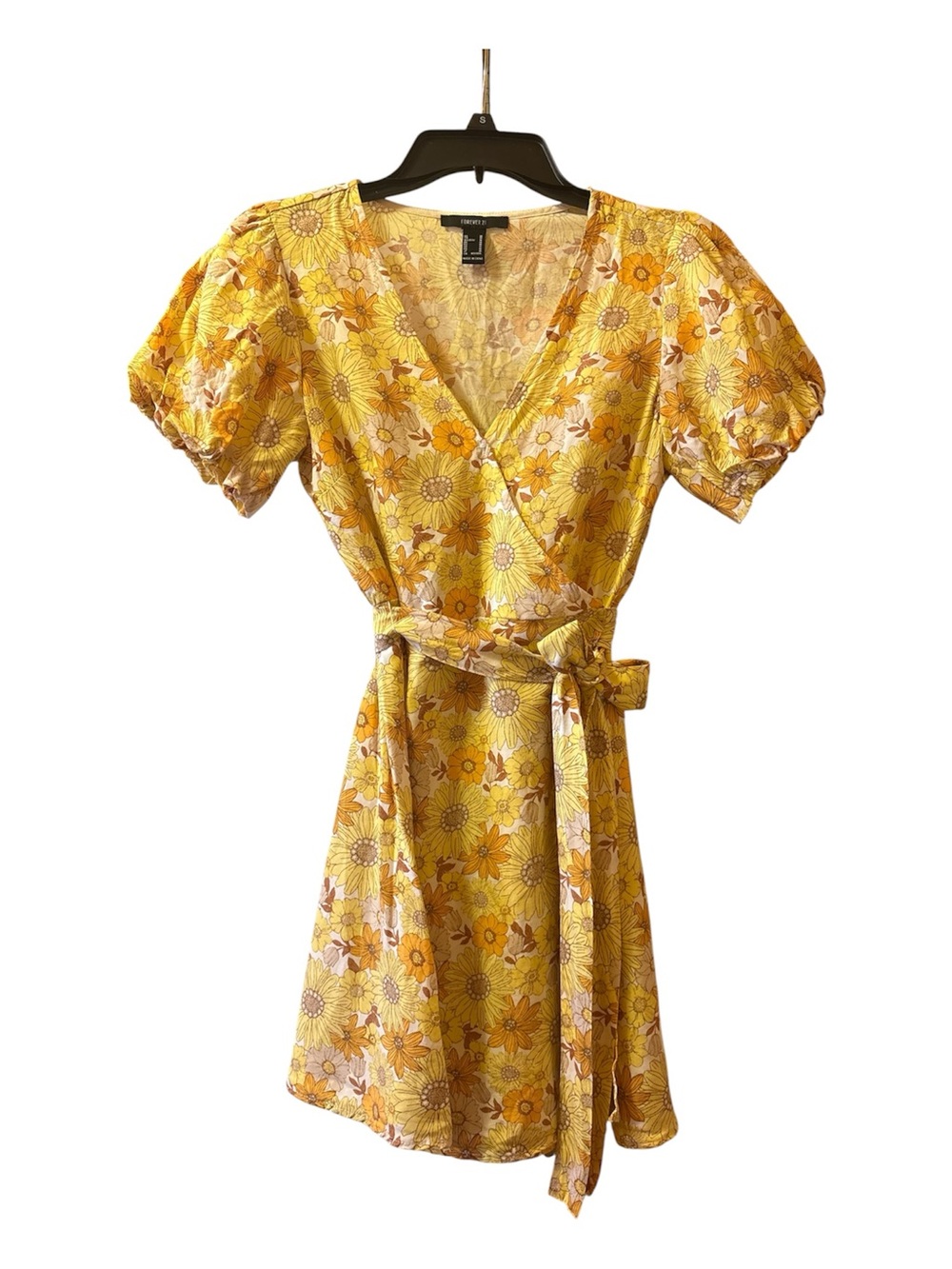 Vintage Forever 21 Yellow Floral Wrap Mini Dress